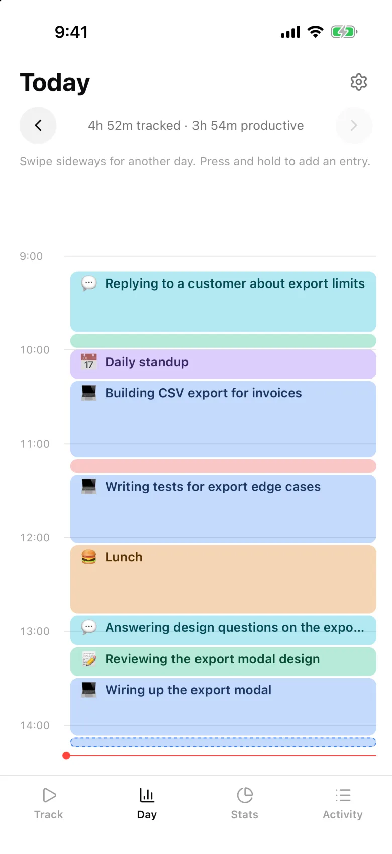 The Cronus iPhone app showing the same day as a timeline, including lunch logged from the phone
